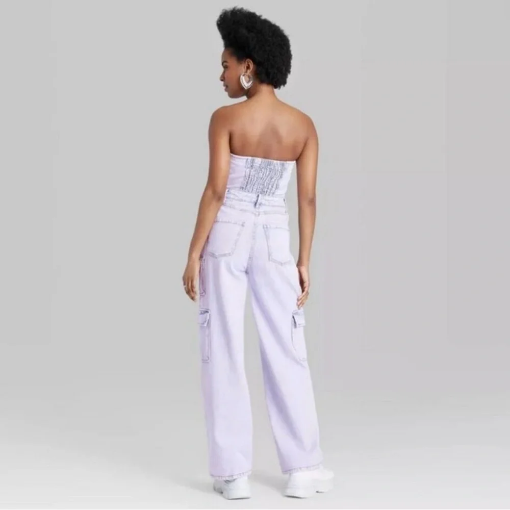 Wild Fable Off White Denim Cargo Wide Leg Tube Jumpsuit size X-Small - Picture 2 of 3